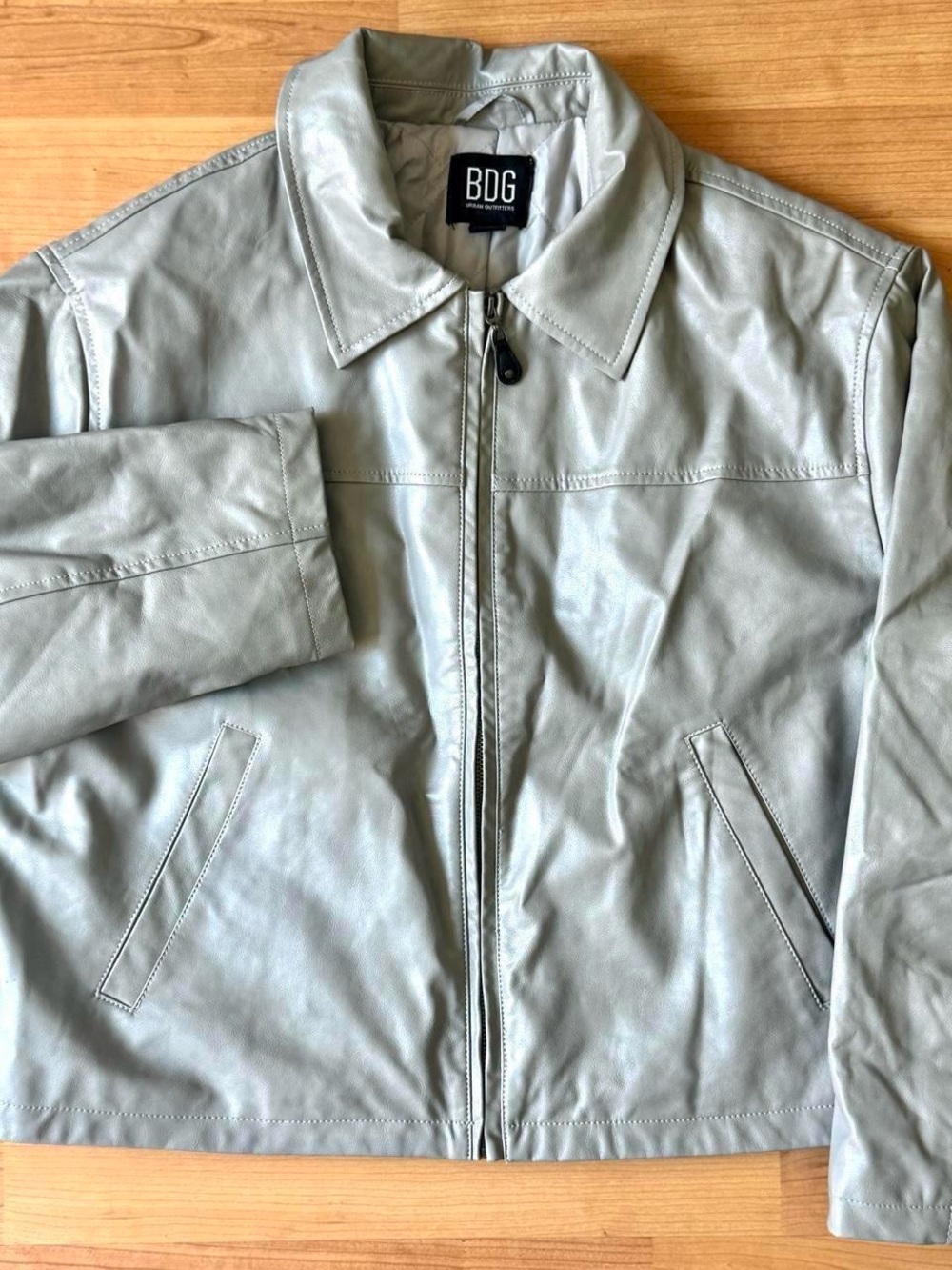 BDG Light Gray Leather Zip-Front Bomber Jacket